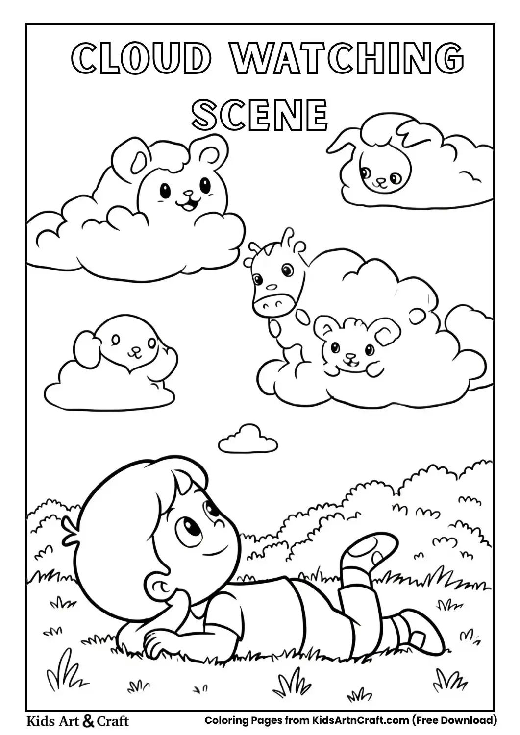 Child lying on grass watching animal-shaped clouds coloring page