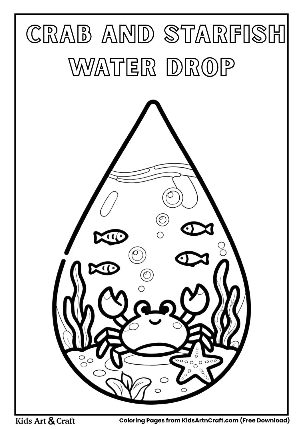 Crab and starfish inside a water droplet easy coloring page for kids