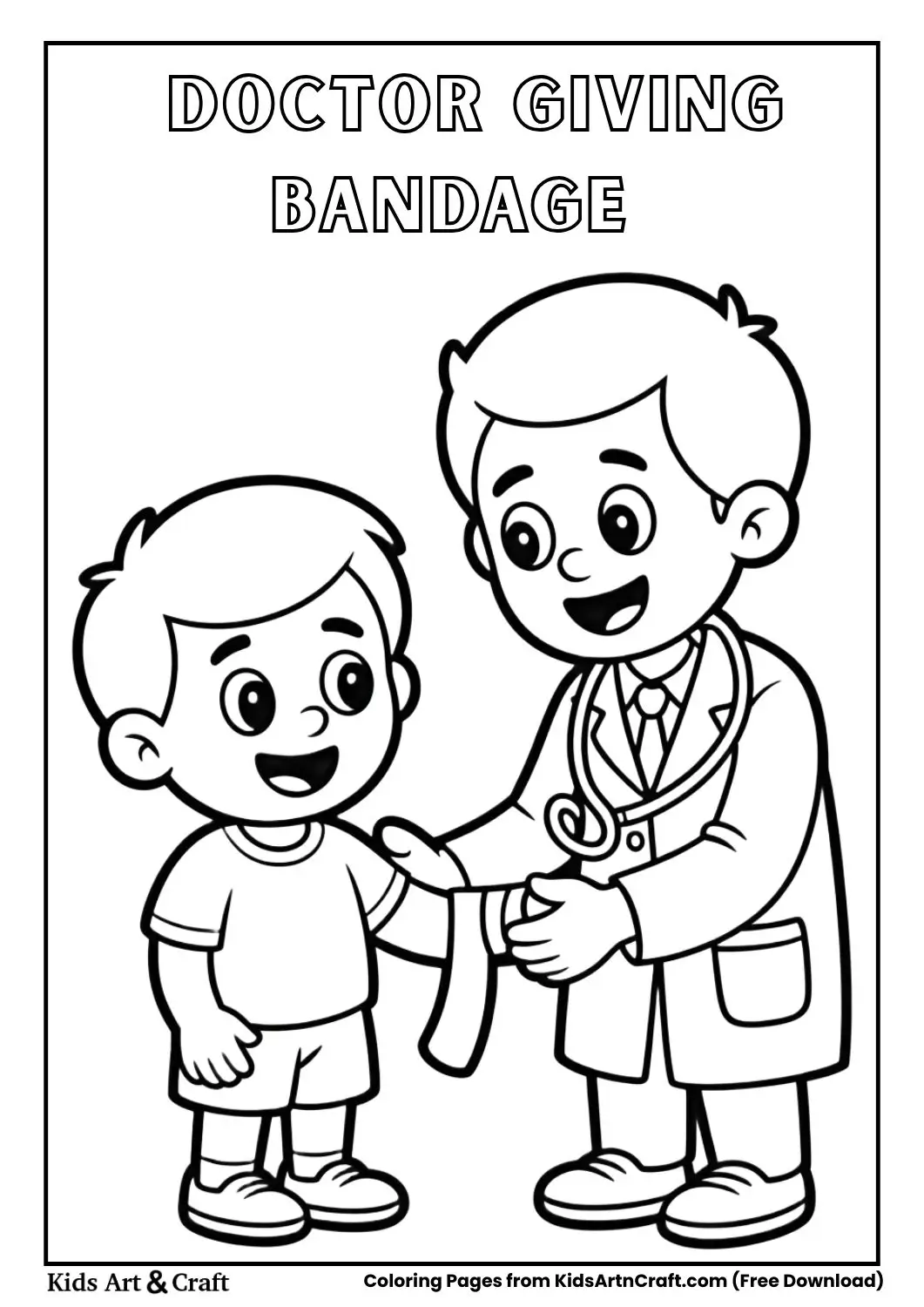 doctor placing bandage on child arm cartoon coloring page