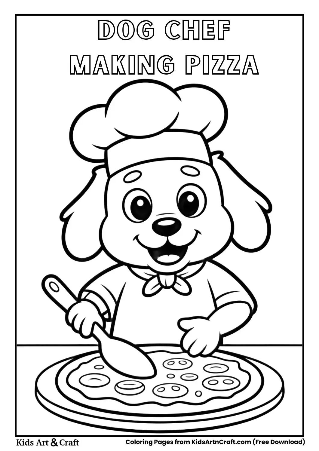 black and white coloring page of a dog chef preparing pizza dough