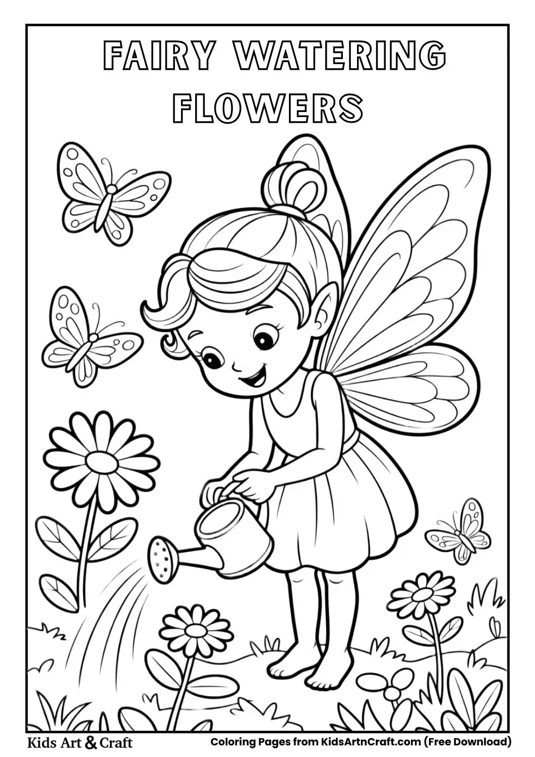 Fairy watering flowers in a magical garden coloring page