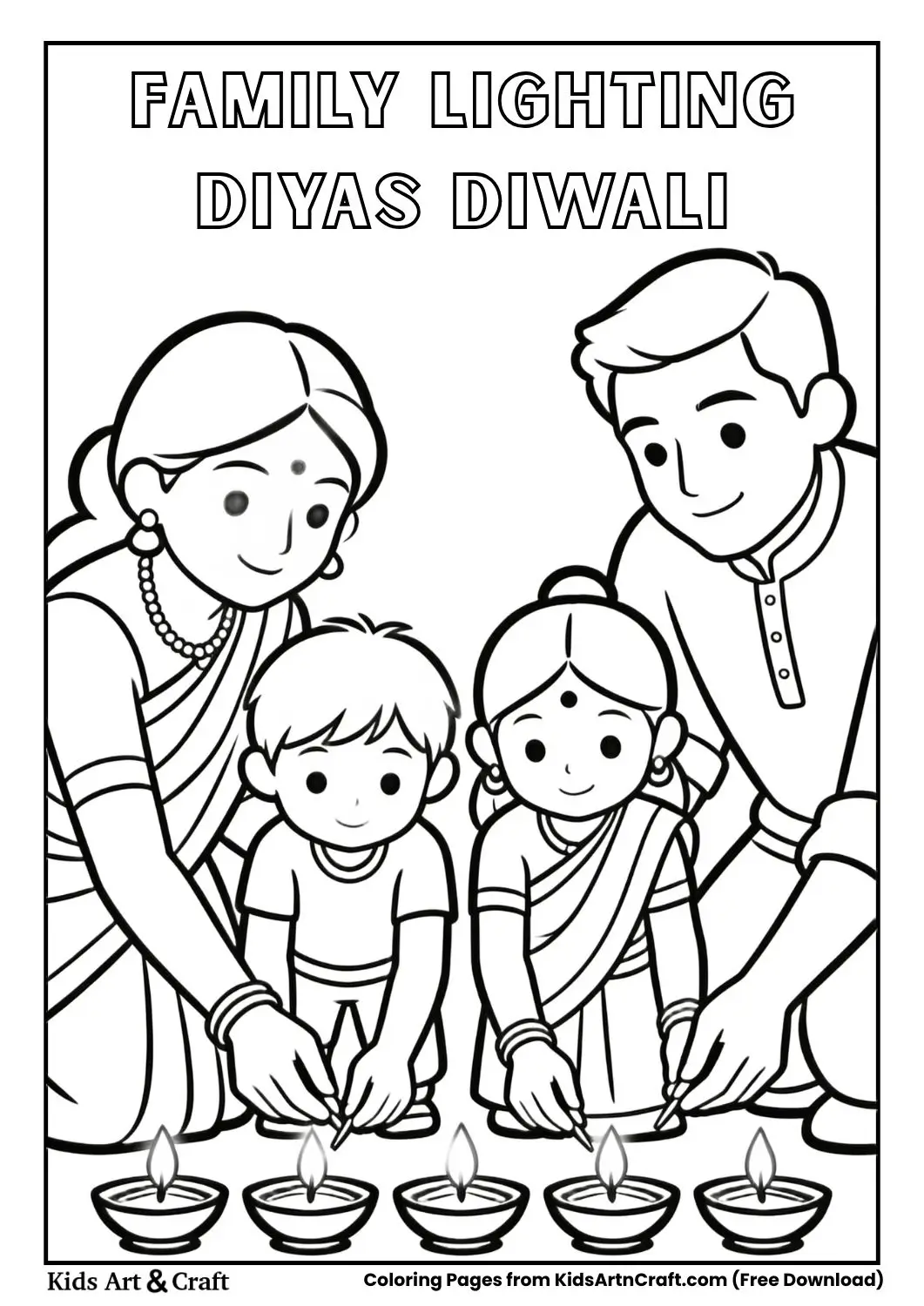 Family placing diyas together simple black and white line art