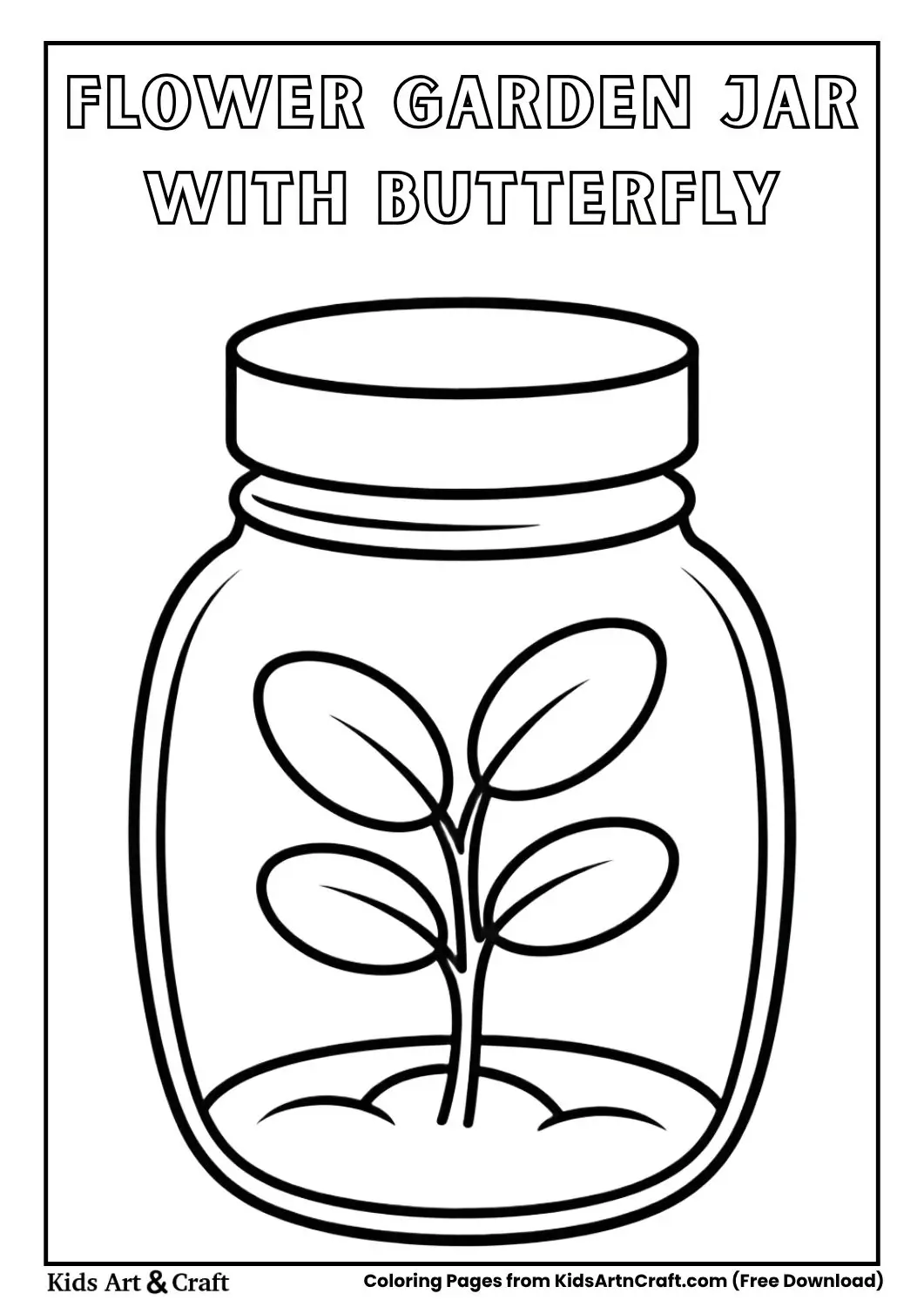 mini garden inside a jar with a flower plant and butterfly black and white coloring page for kids