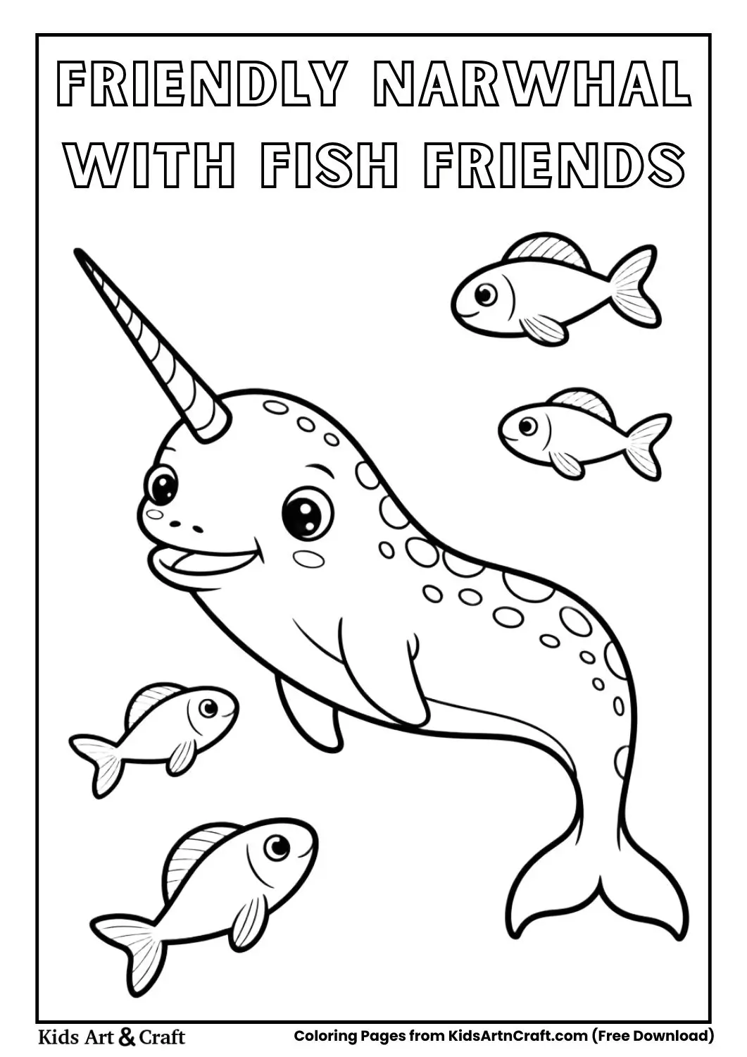Cartoon narwhal with small fish coloring page