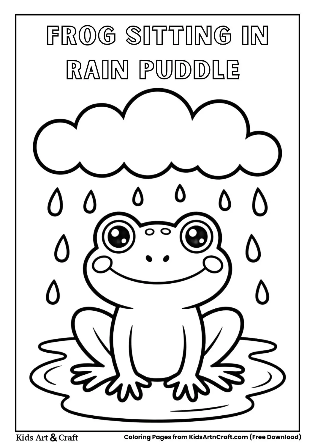 Cute frog sitting in a puddle during rain black and white coloring page.