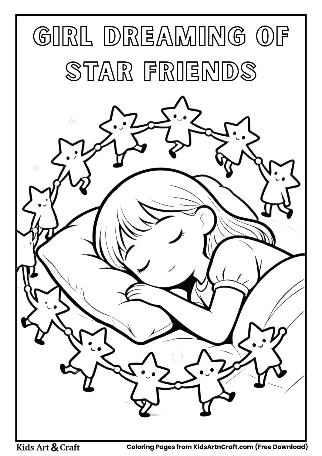 Girl sleeping and dreaming of star friends black and white coloring page