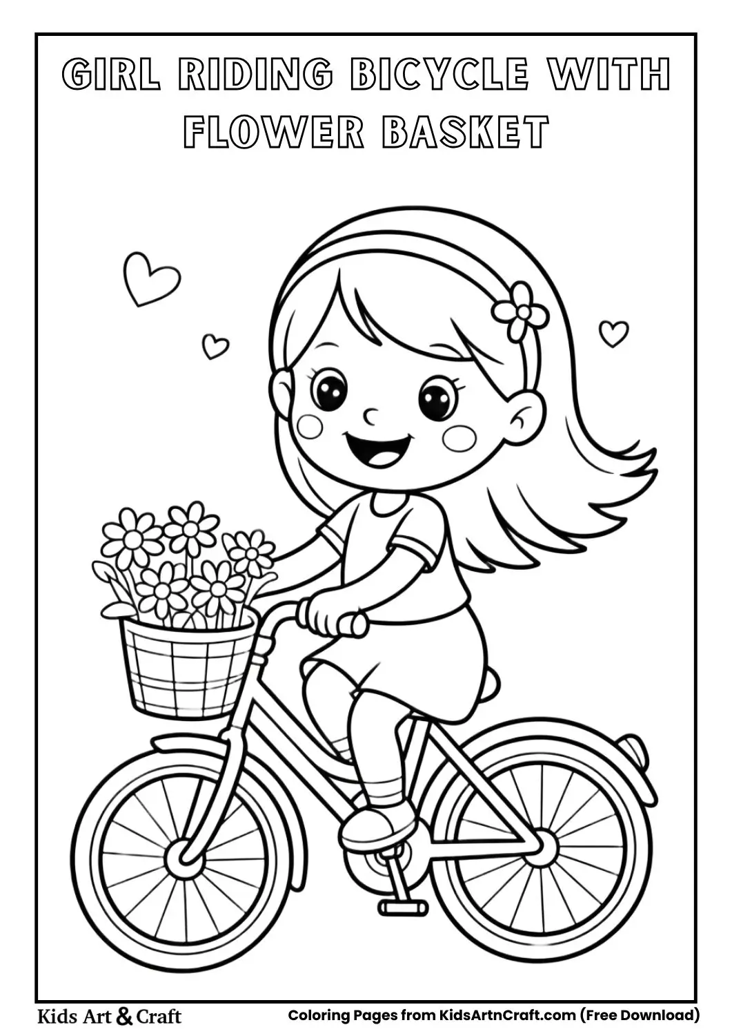 girl riding bicycle with flower basket coloring page