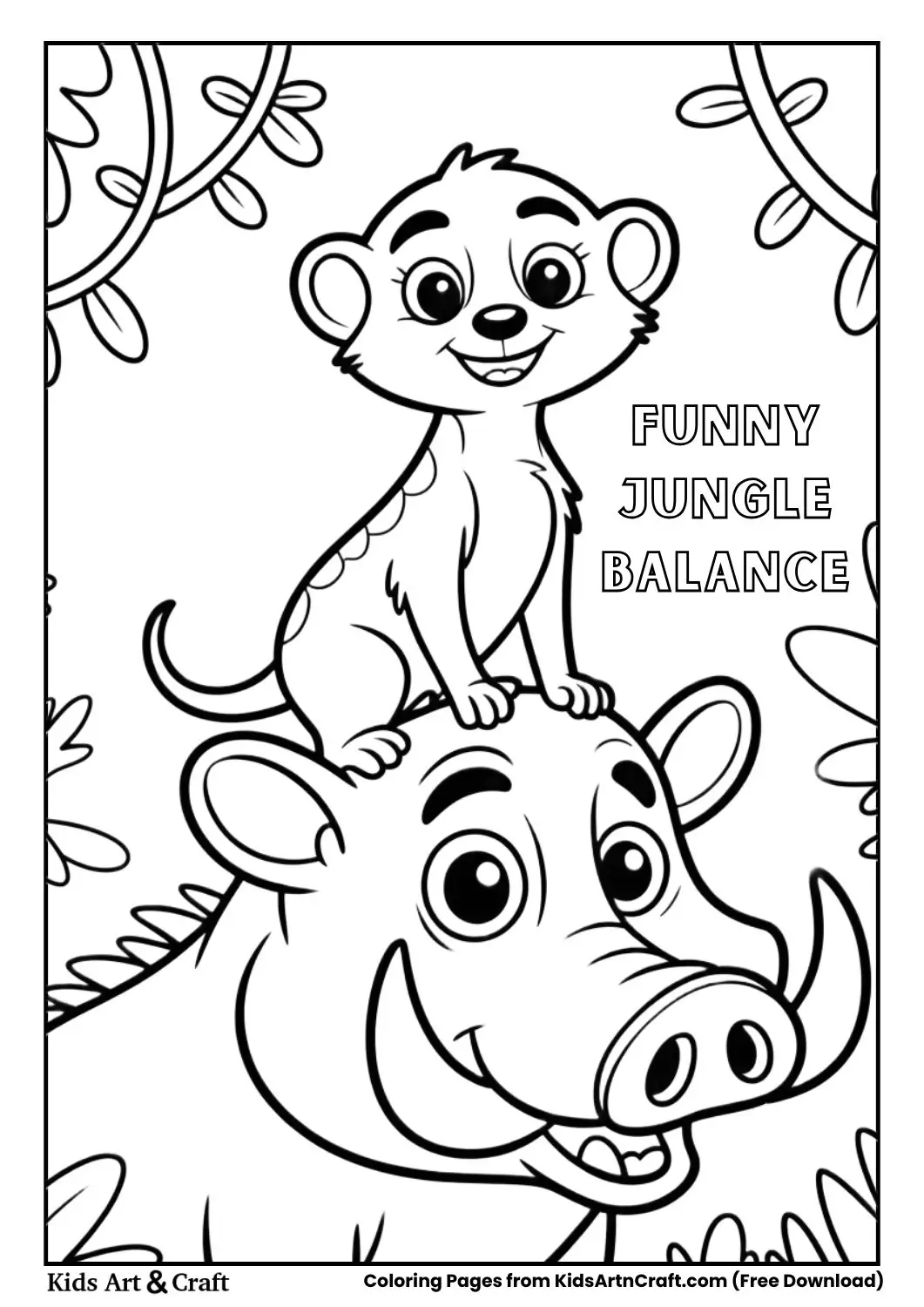 Funny meerkat standing on warthog head jungle coloring page for kids