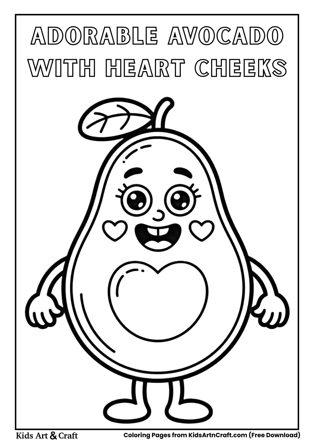 Cute avocado with heart cheeks simple coloring page for kids