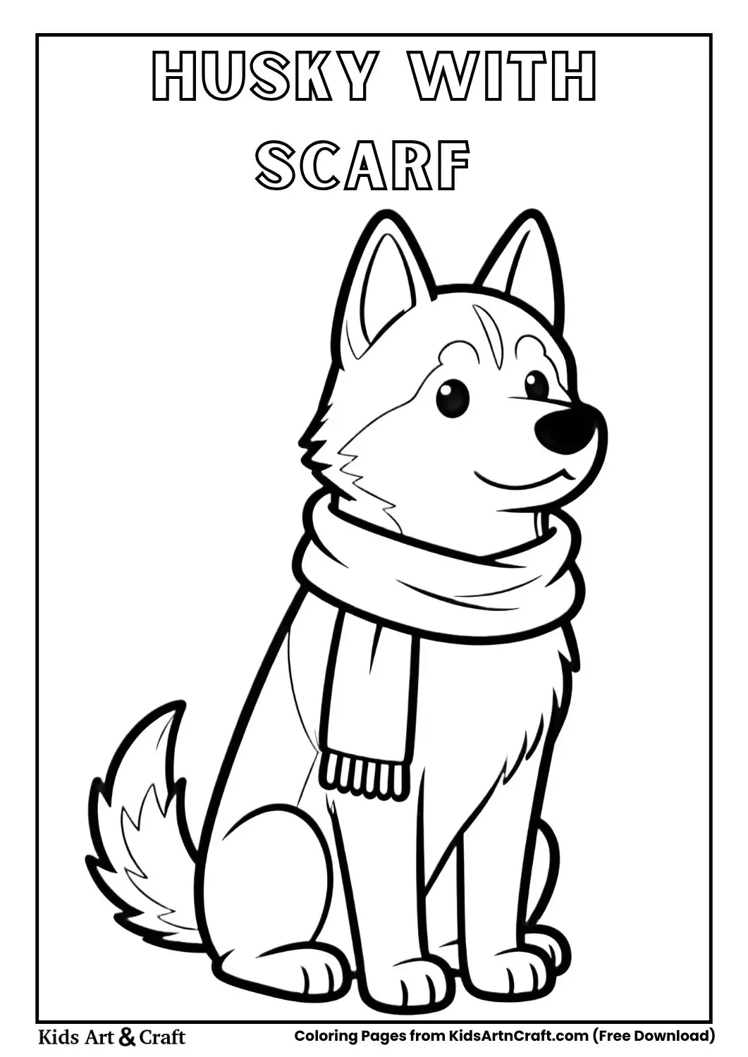 Husky dog wearing a scarf sitting calmly coloring page
