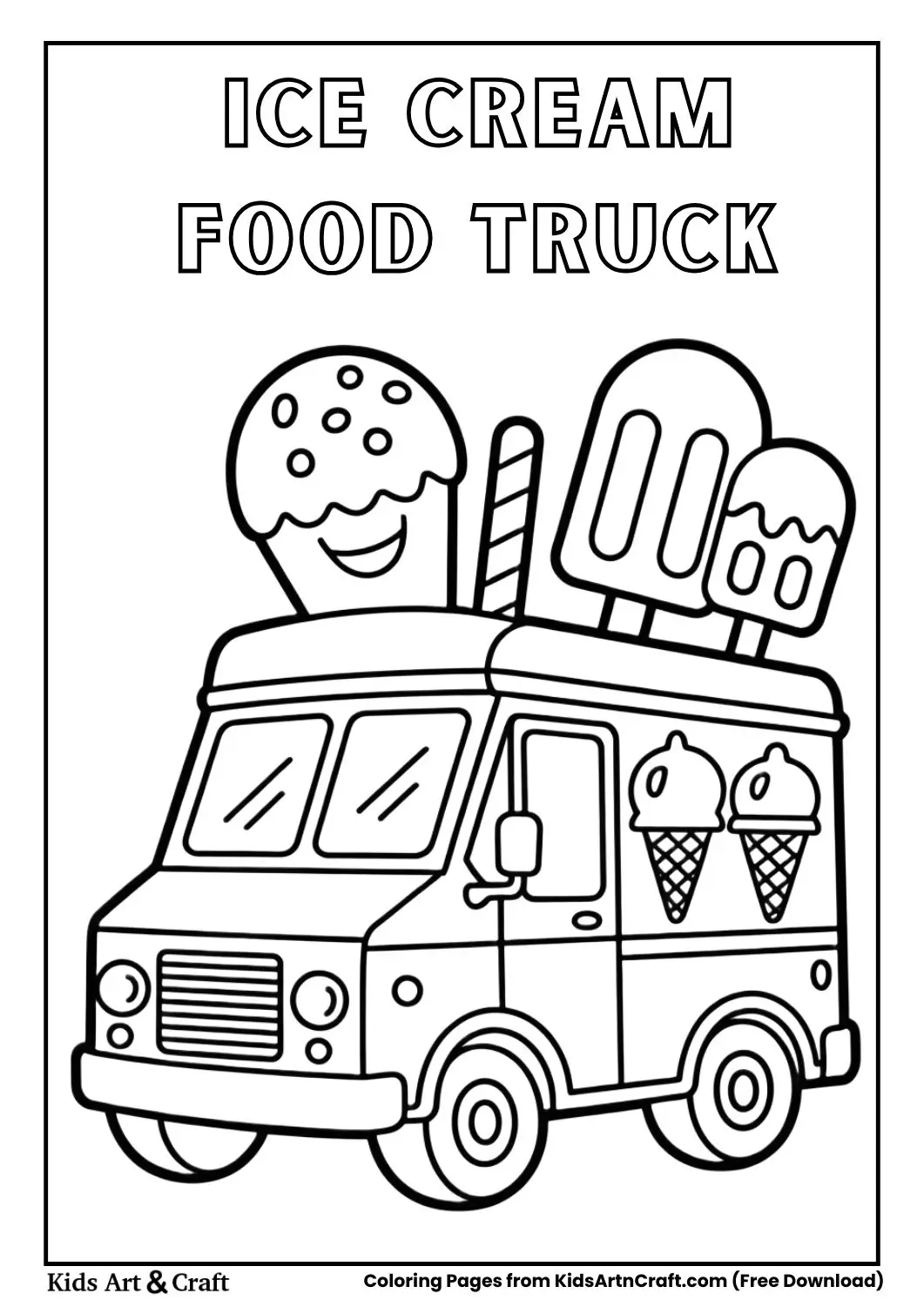 ice cream food truck with smiling cones and popsicles black and white coloring page