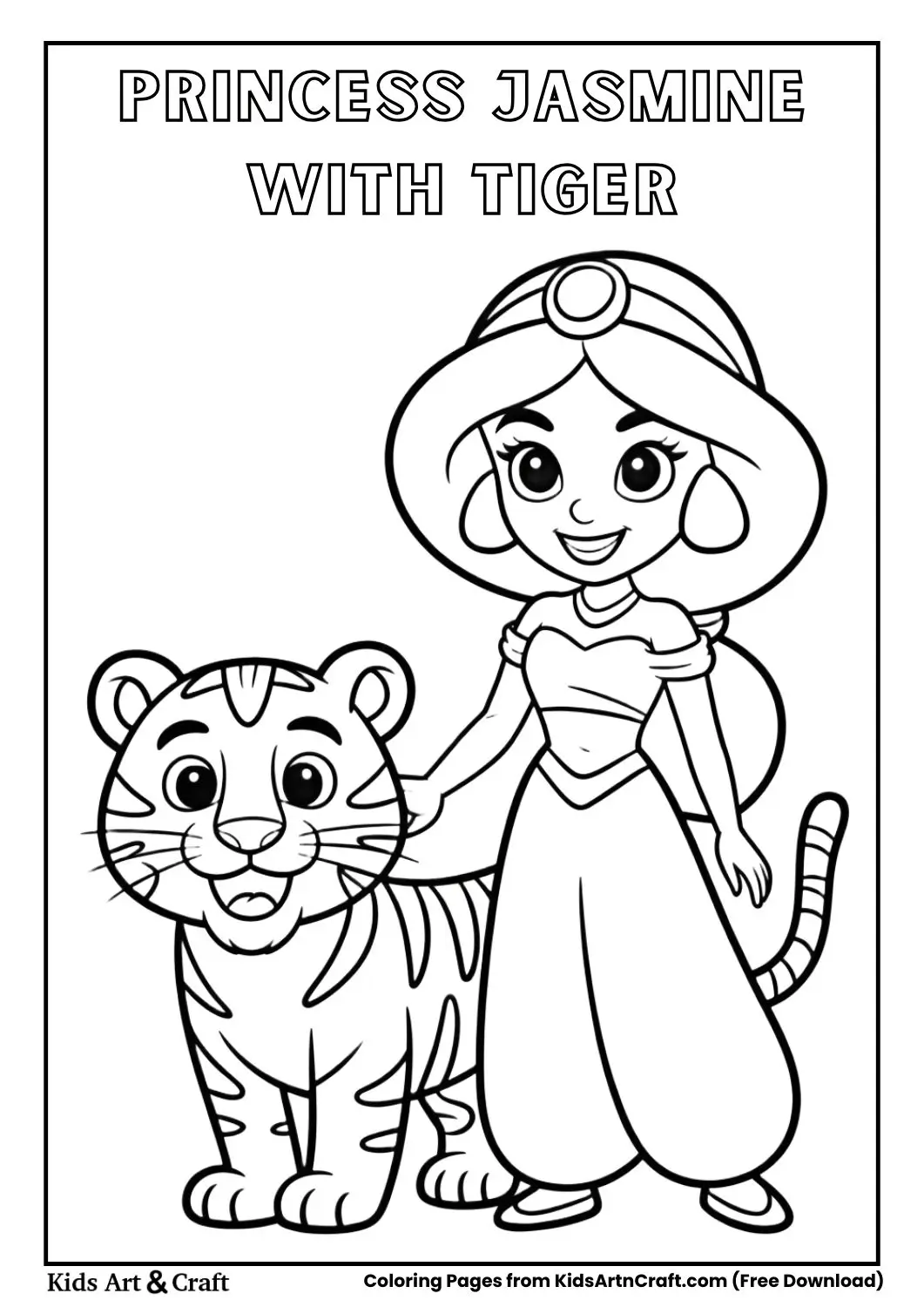 Princess Jasmine standing with a cute tiger black and white coloring page