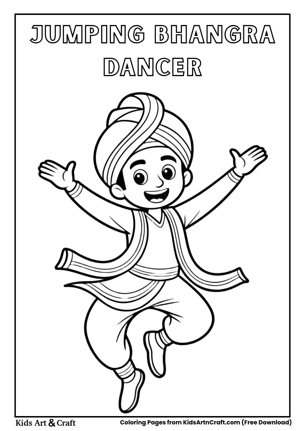 cartoon bhangra dancer jumping traditional dance coloring page