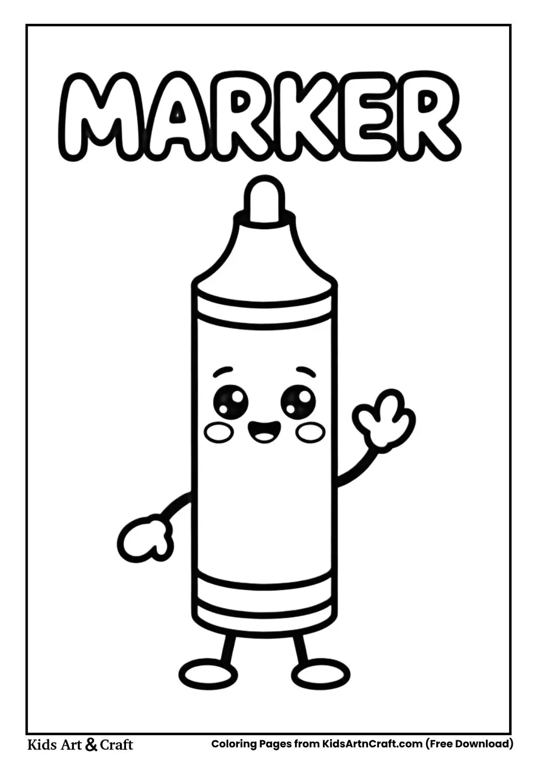 kawaii marker pen black and white coloring page for kids