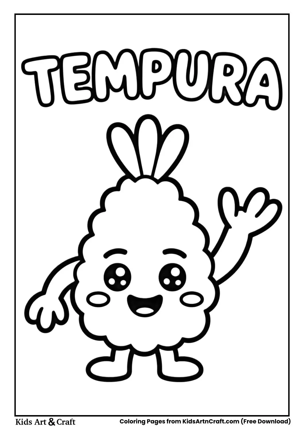 cute smiling tempura shrimp black and white coloring page