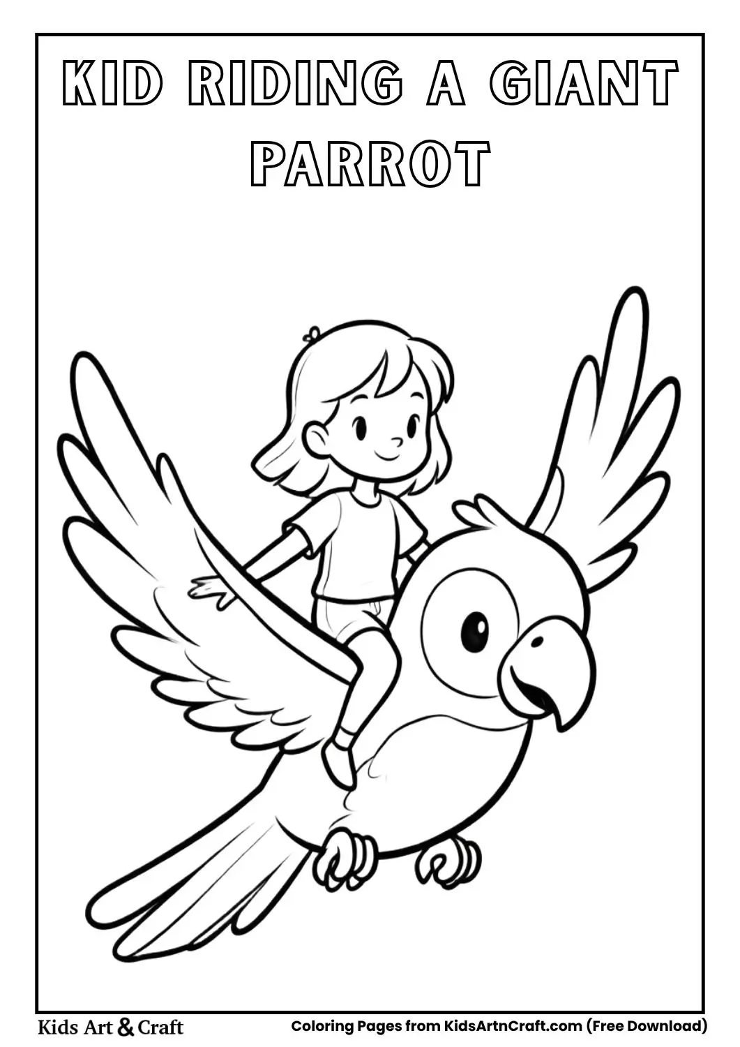 child riding a giant parrot coloring page black and white for kids
