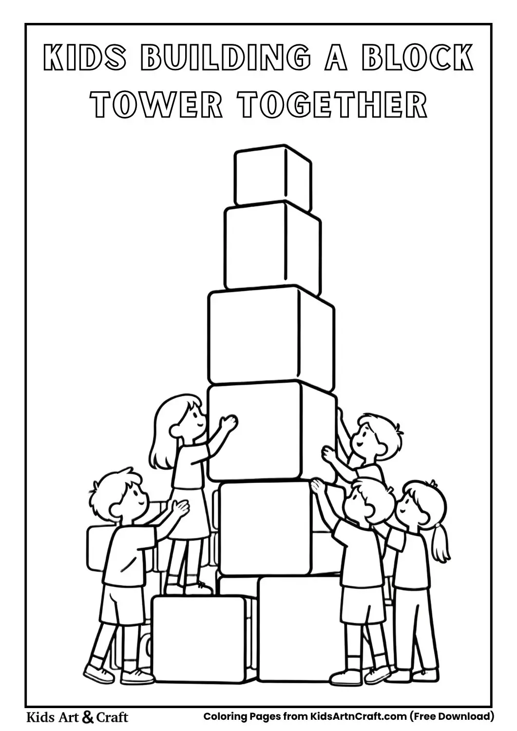 children building a block tower together teamwork coloring page for kids