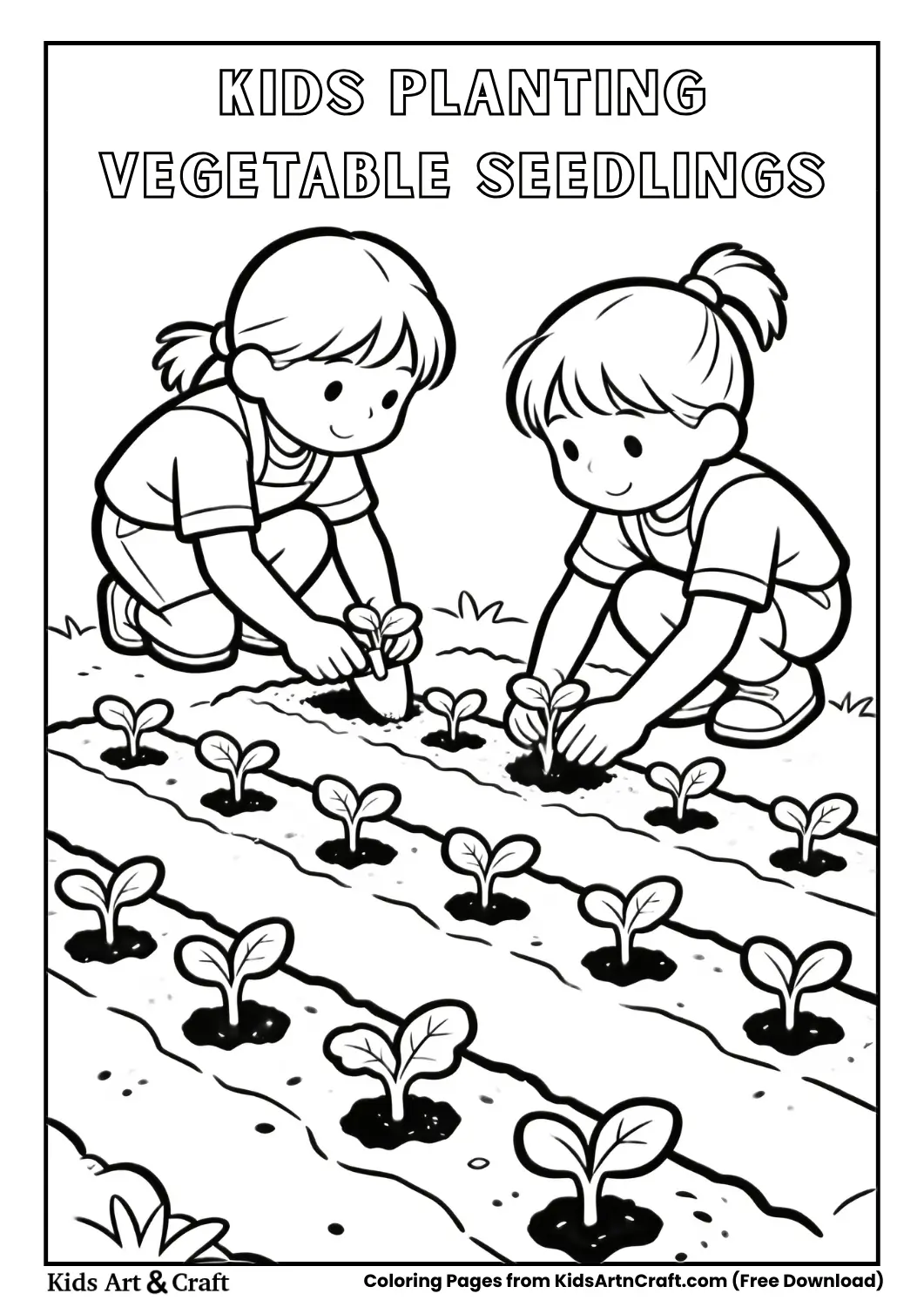 Two children planting vegetable seedlings in garden rows