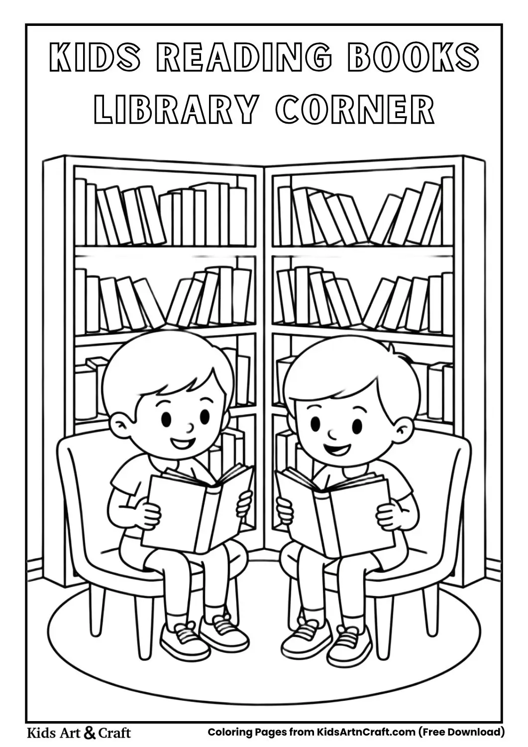 children reading books in classroom library corner coloring page
