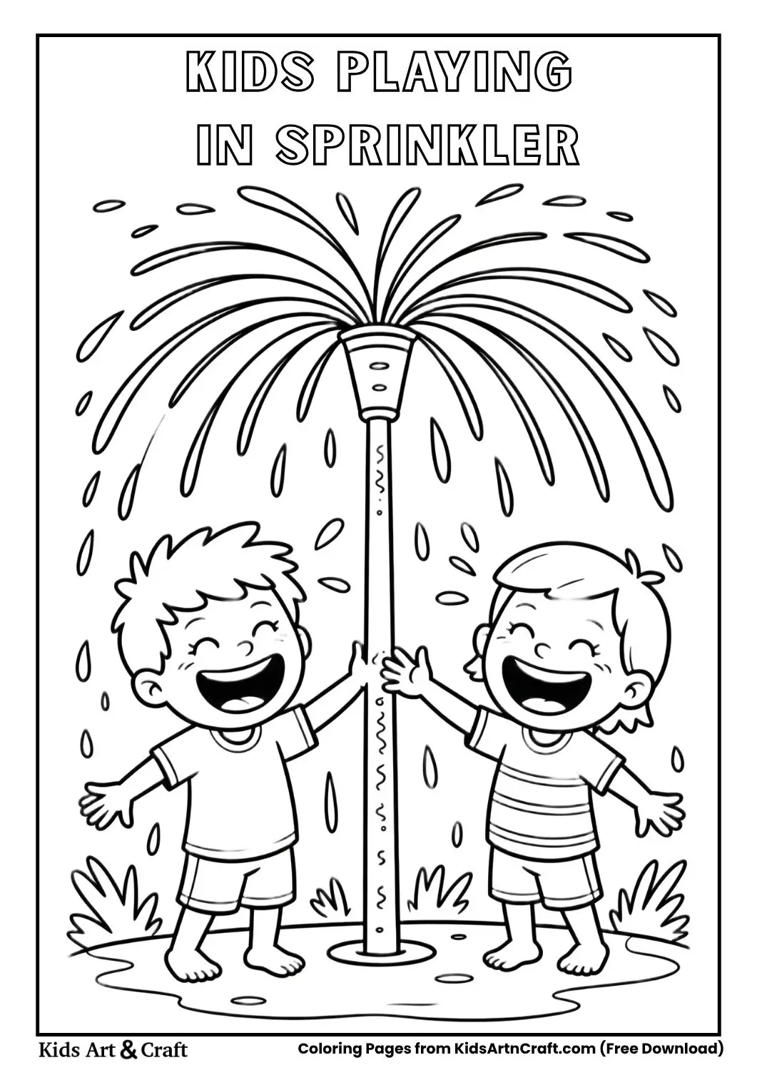kids running through a garden sprinkler coloring page black and white