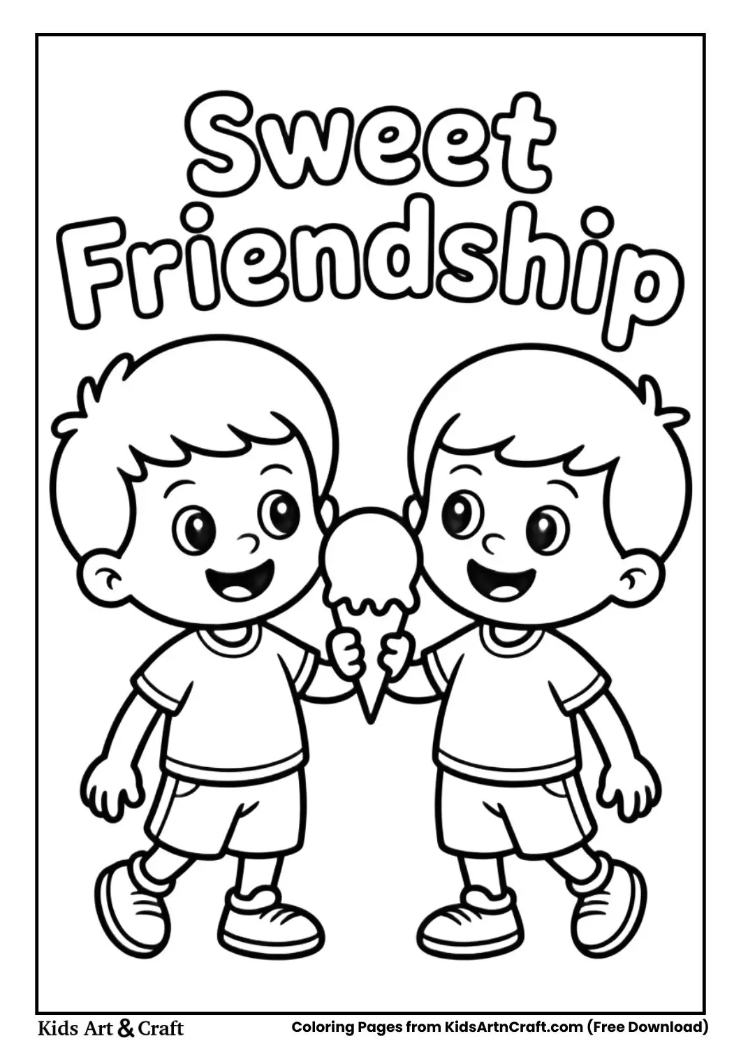 Kids sharing ice cream sweet friendship card coloring page