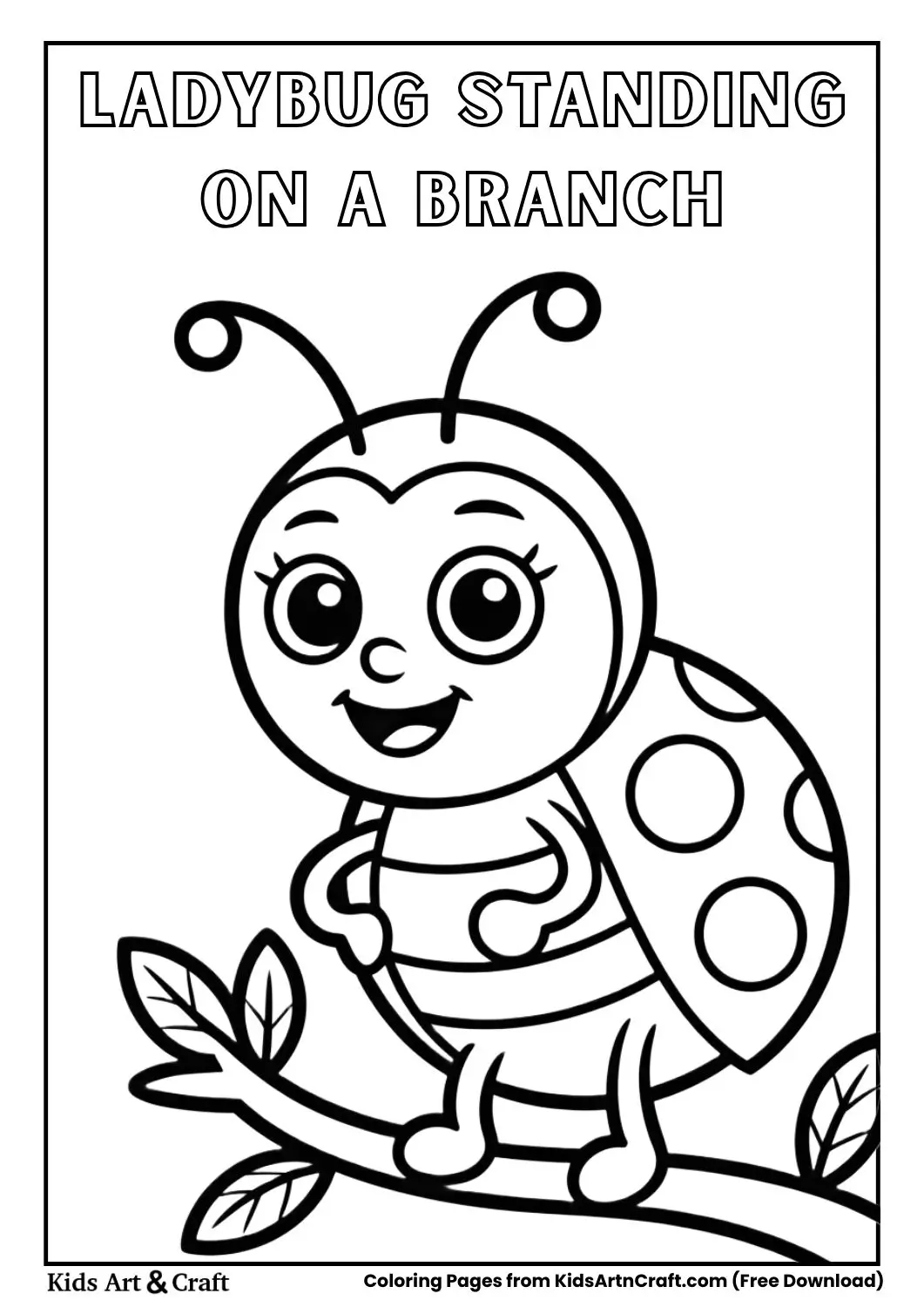 Black and white cartoon ladybug standing on a tree branch with leaves coloring page for kids.