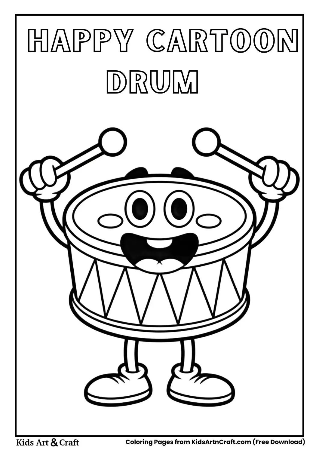 smiling drum with drumsticks and funny face black and white coloring page