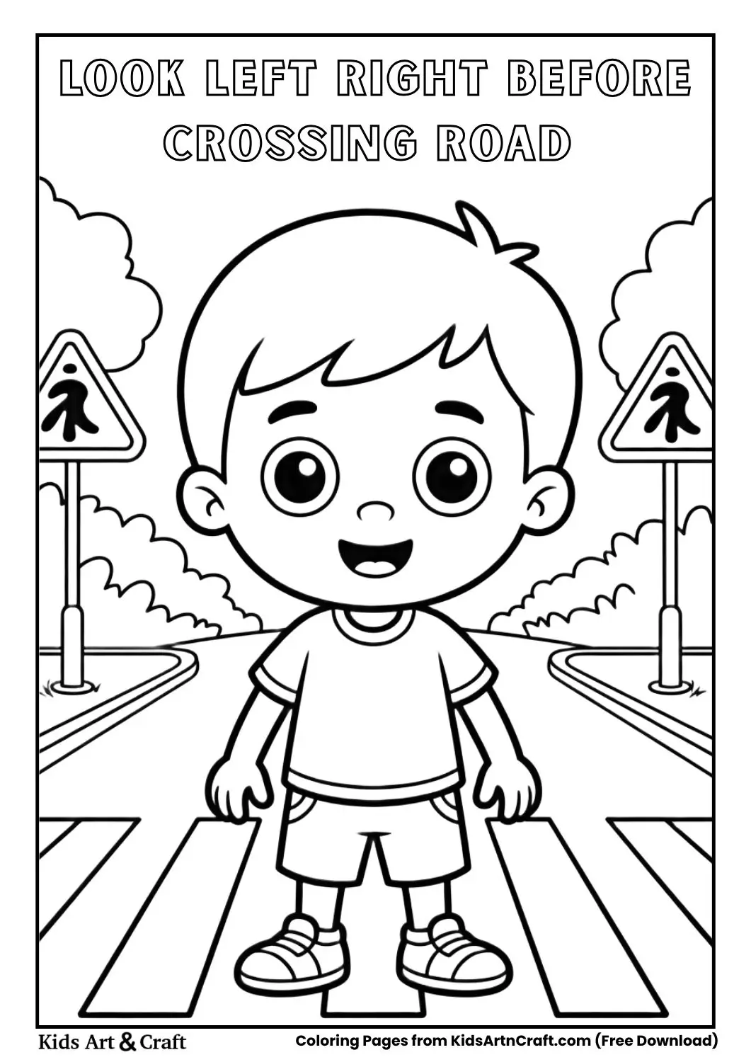 child looking left and right before crossing road coloring page