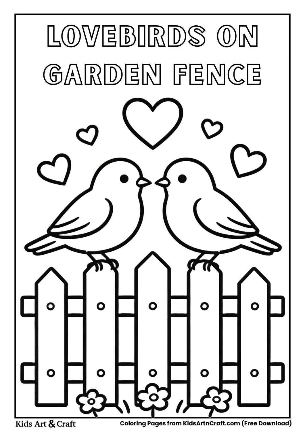 Black and white coloring page of two lovebirds sitting on a garden fence with hearts