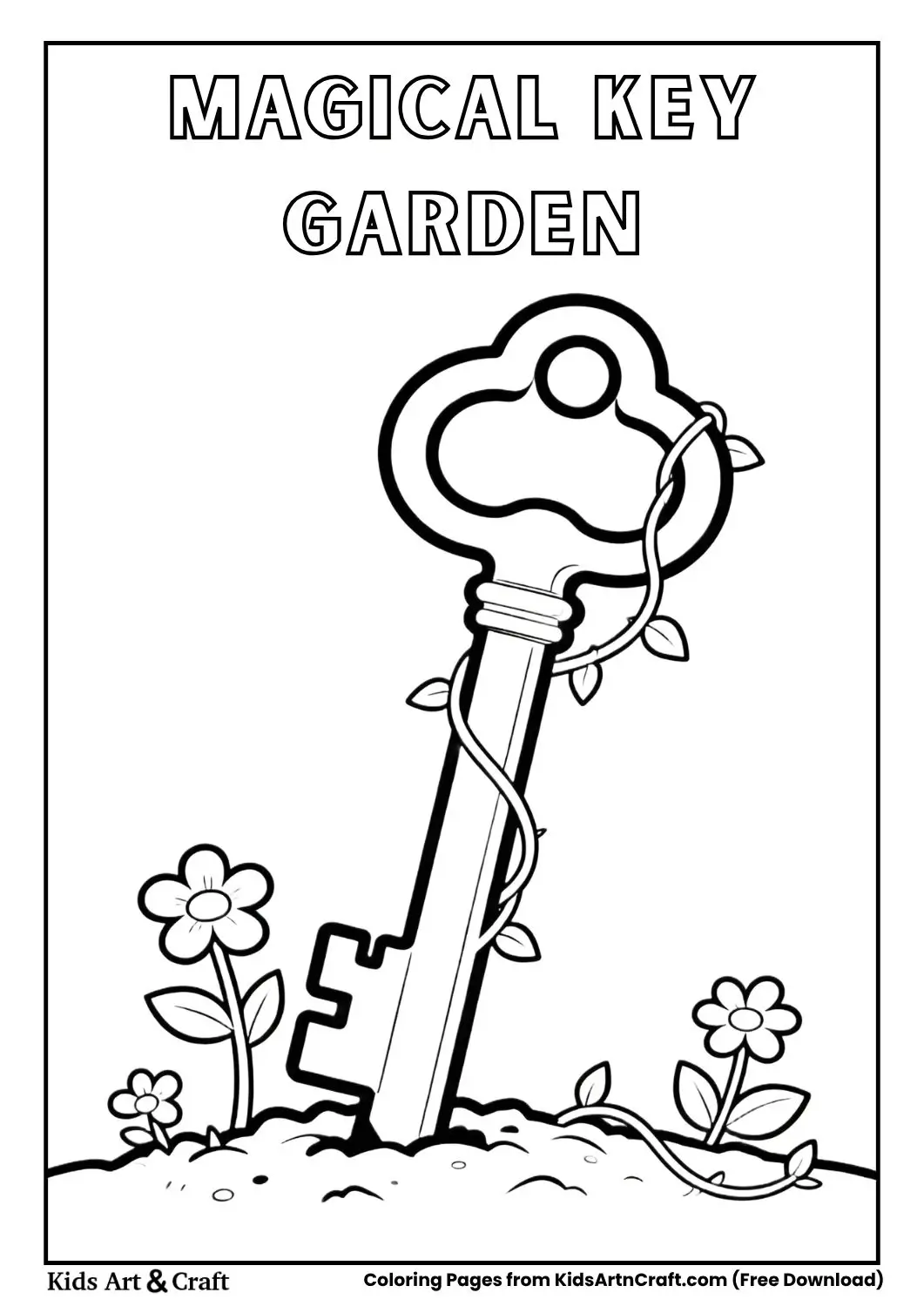 giant magic key in a flower garden coloring page for children