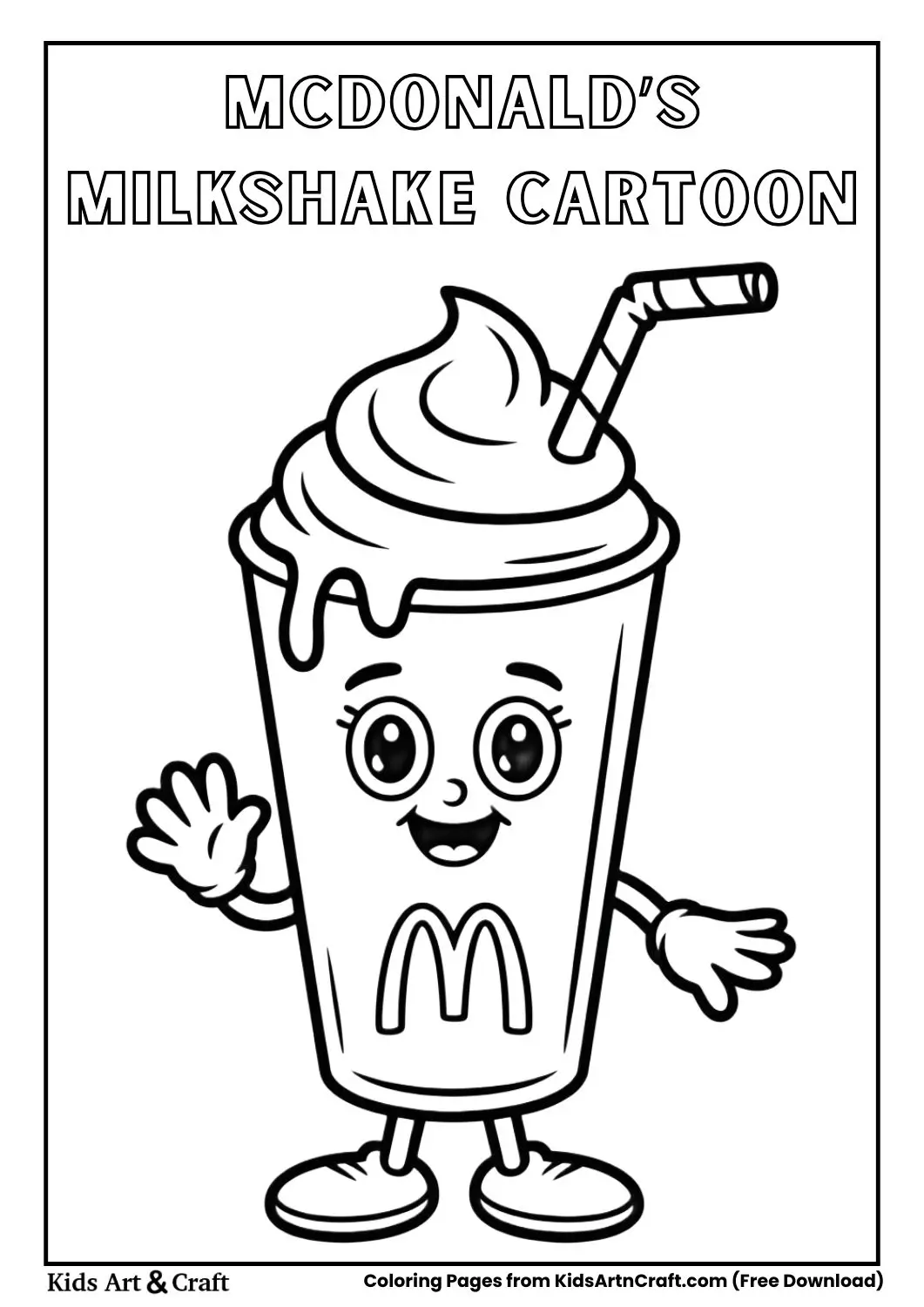 Cartoon McDonald’s milkshake with straw coloring page for kids