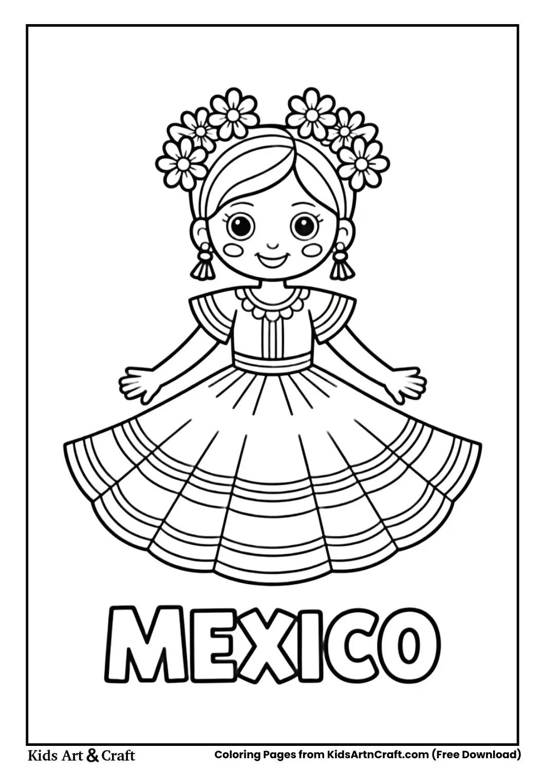 Girl wearing Mexican folklorico traditional dress coloring page with country name Mexico