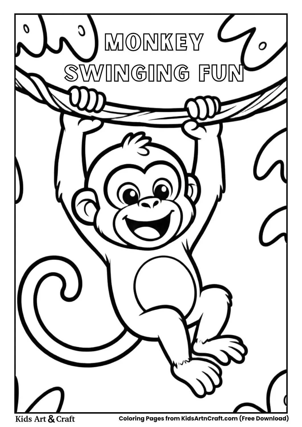 Happy monkey swinging on vine simple zoo coloring page