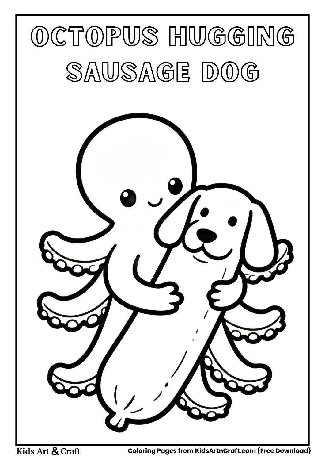 Cute octopus hugging sausage dog cartoon coloring page