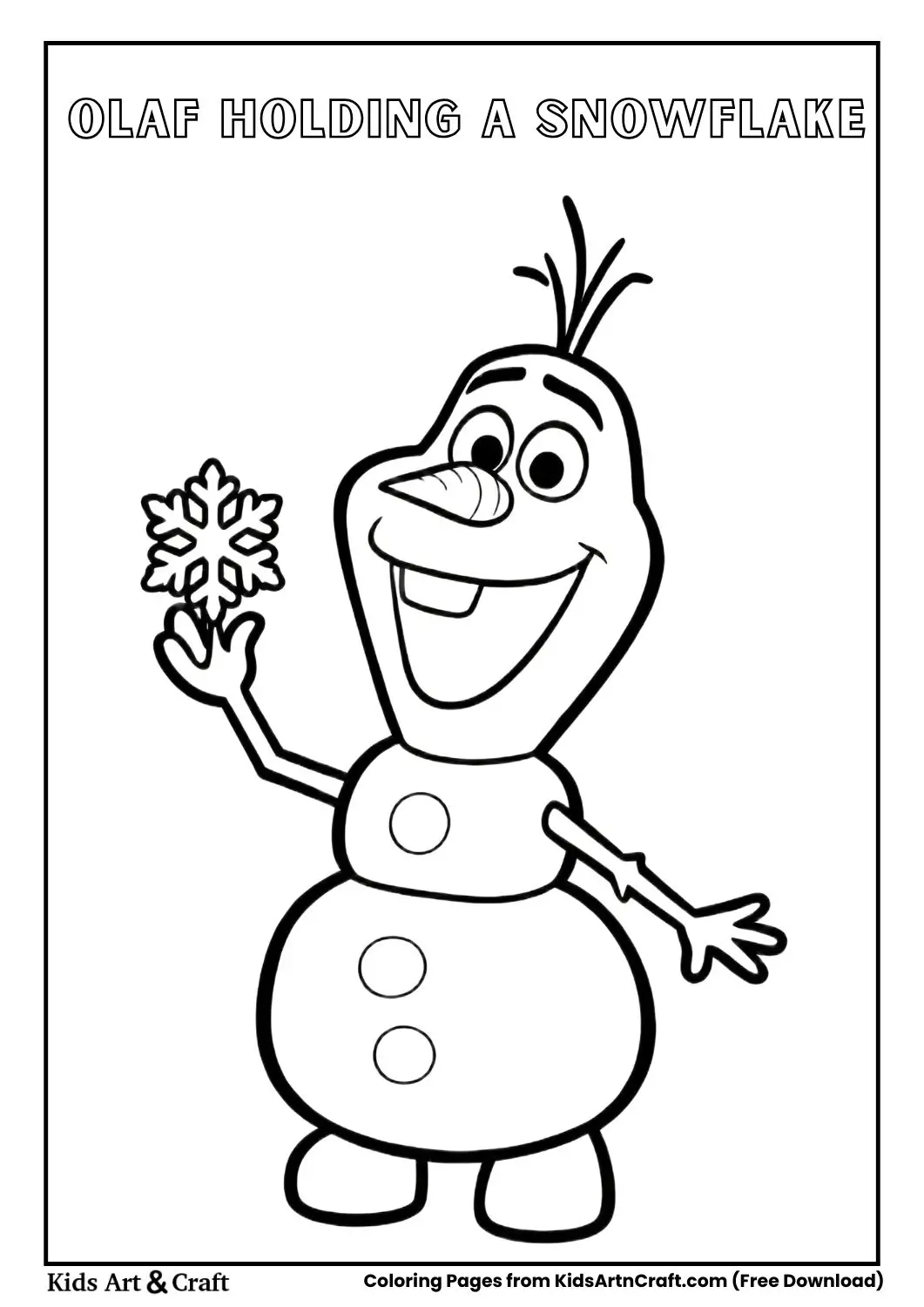 Olaf holding a snowflake simple cartoon snowman coloring page for kids