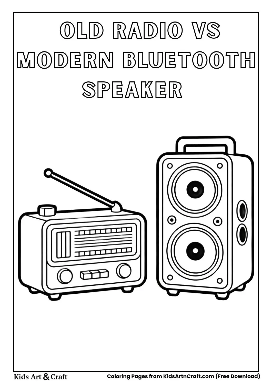 Old radio and modern Bluetooth speaker coloring page for kids