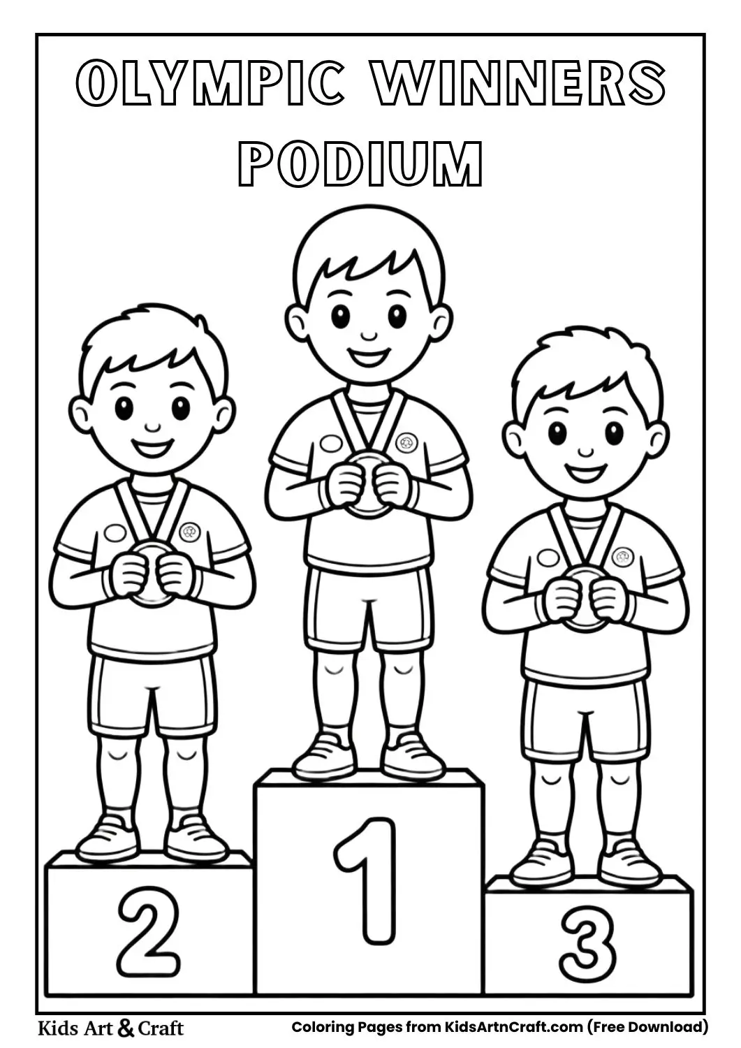 Three athletes standing on Olympic podium black and white coloring page