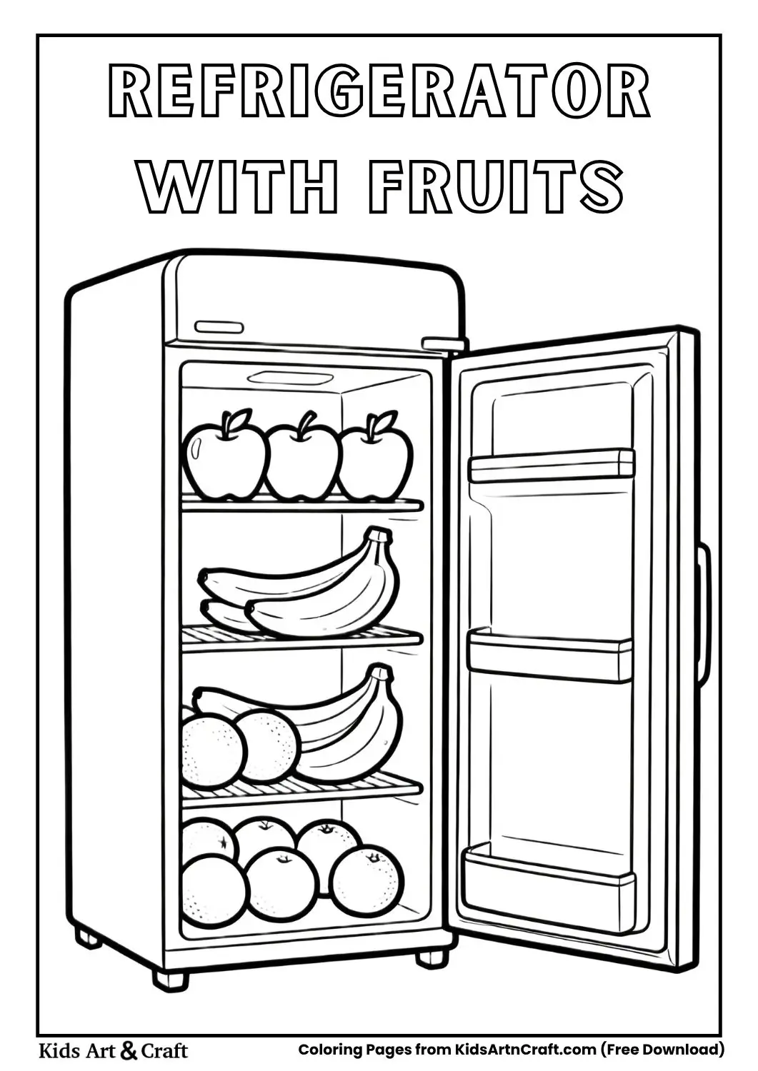 open refrigerator with apples bananas and oranges black and white coloring page