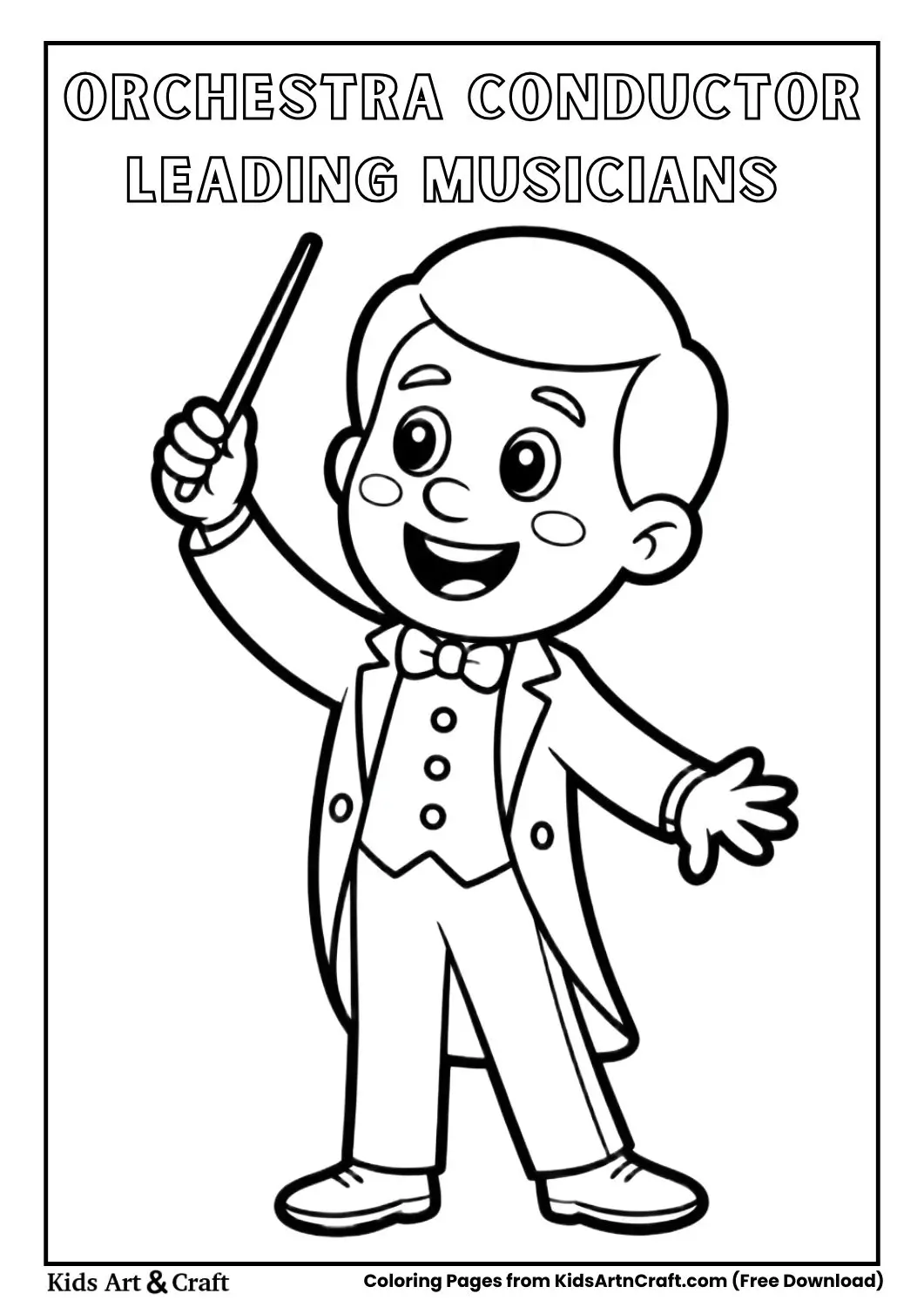 orchestra conductor leading musicians with baton simple kids coloring page