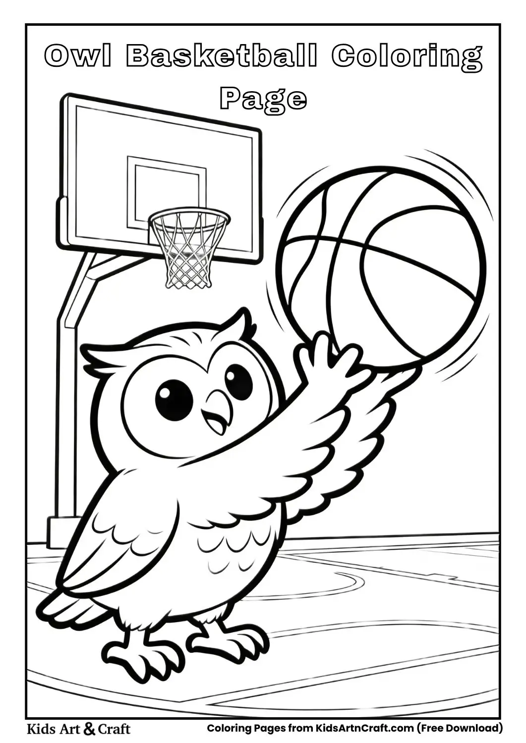 Owl playing basketball printable black and white coloring sheet