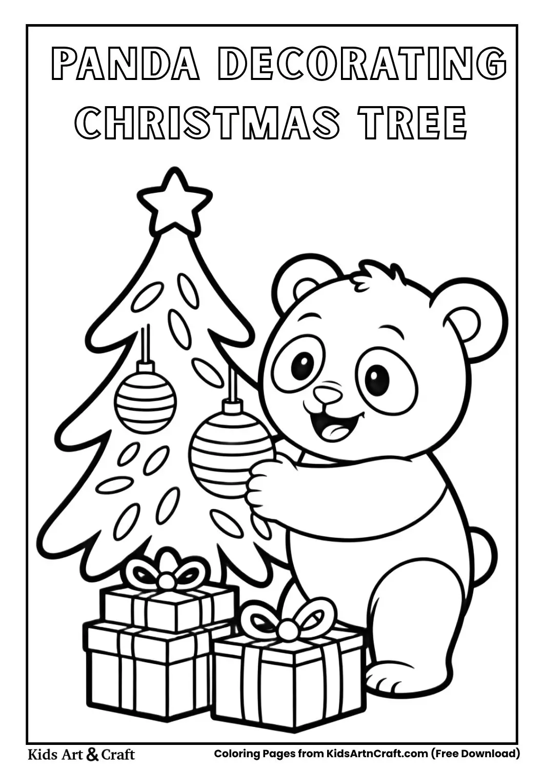 Cute panda placing bamboo ornaments on Christmas tree kids coloring page