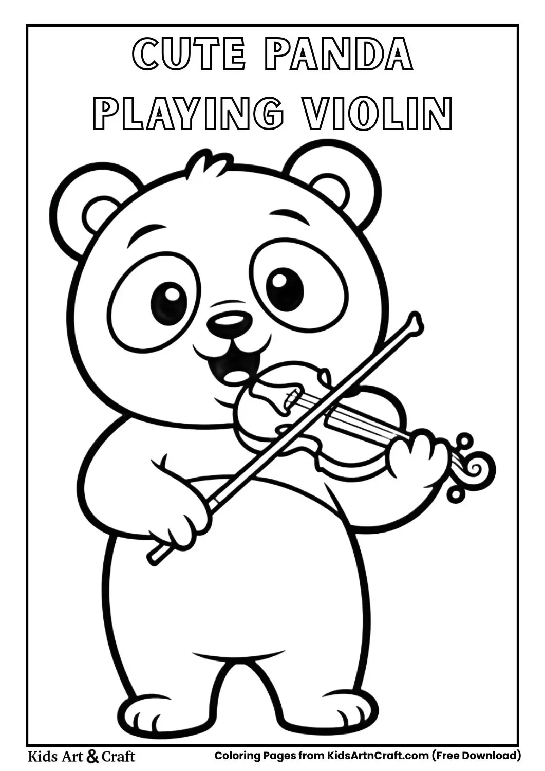 Black and white coloring page of a panda holding and playing a violin.