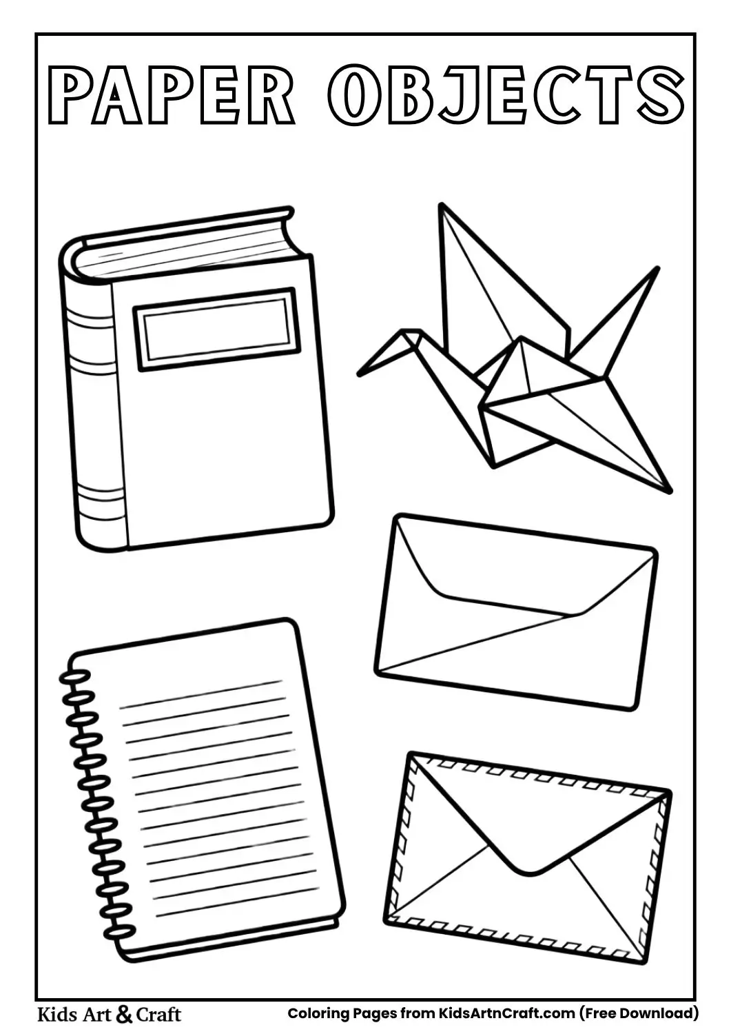 Black-and-white kids coloring page showing a book, origami crane, notebook, and envelope.