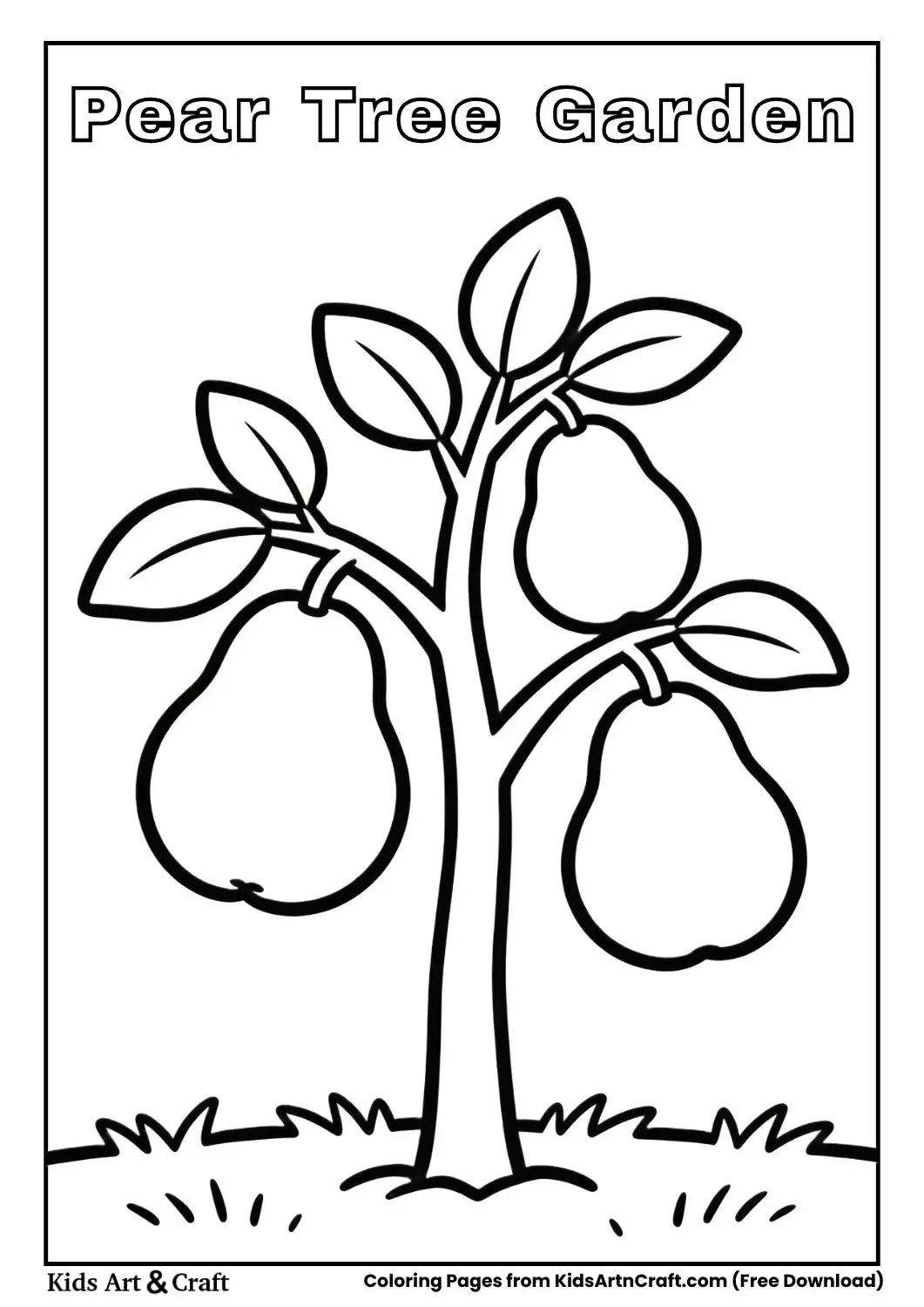 Simple pear tree with large pears and grass line in black and white