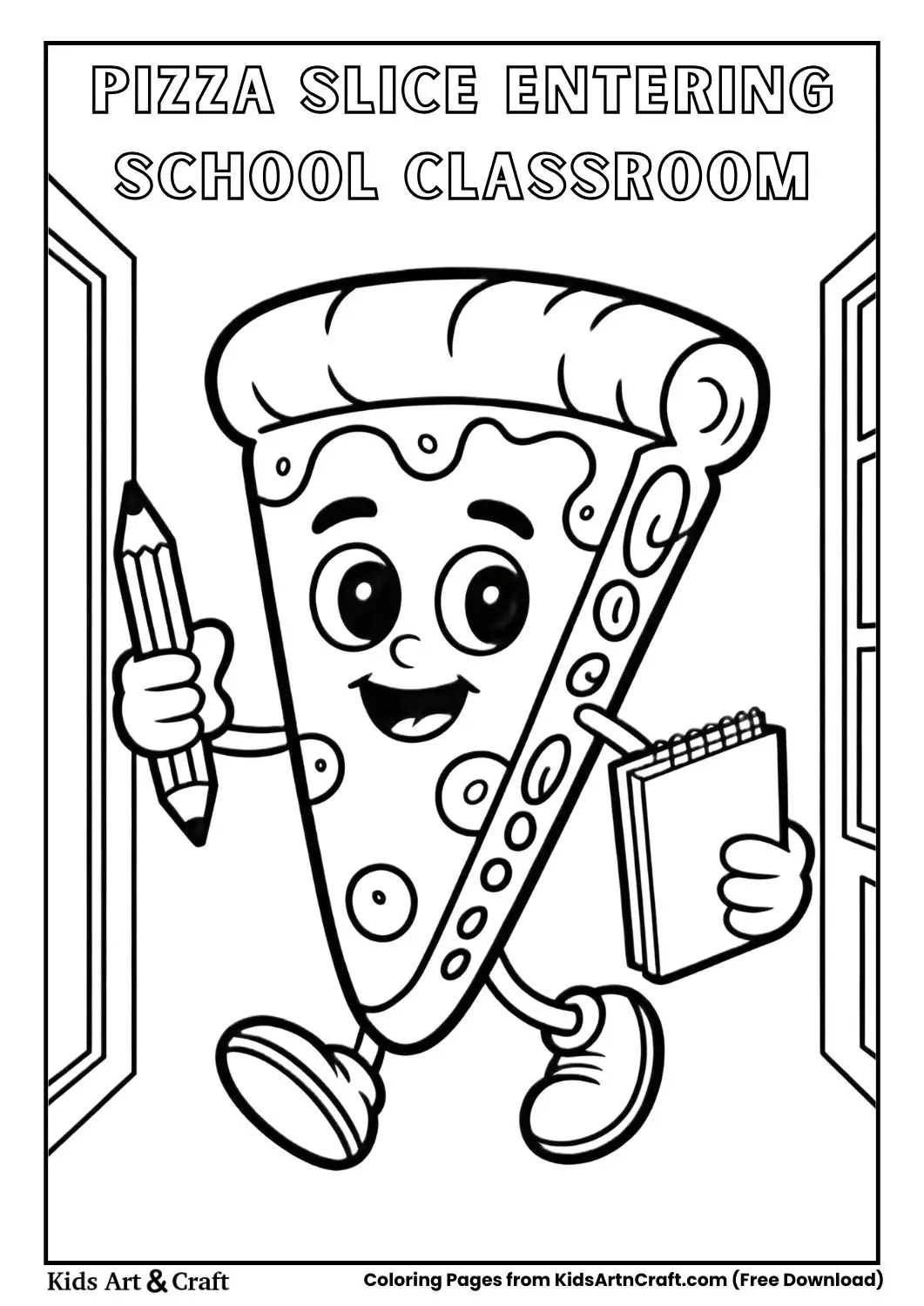 pizza slice character entering classroom with school supplies coloring page