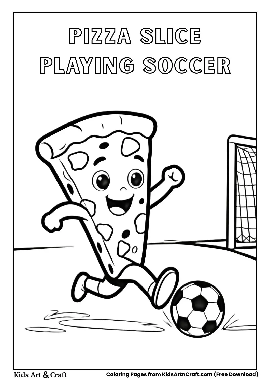 Pizza slice kicking a soccer ball coloring page