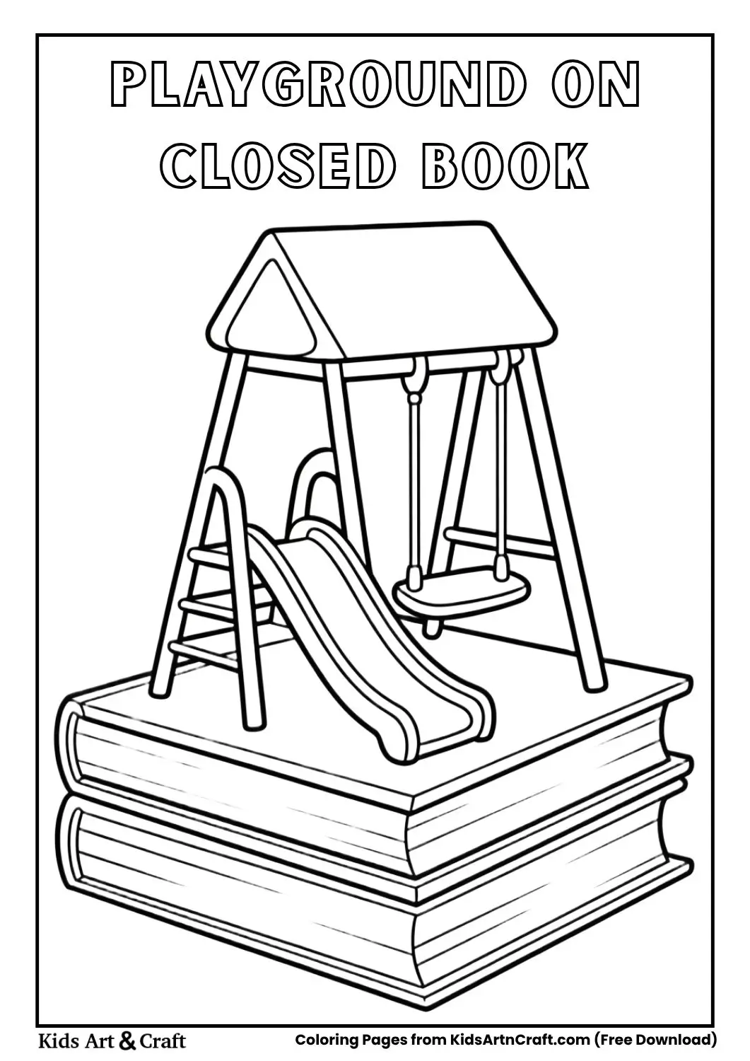 small playground on a closed book with slide and swing simple coloring page for kids