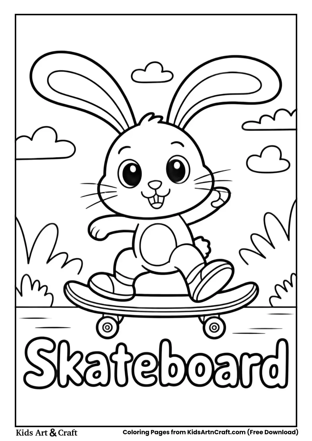 rabbit riding skateboard coloring page for kids