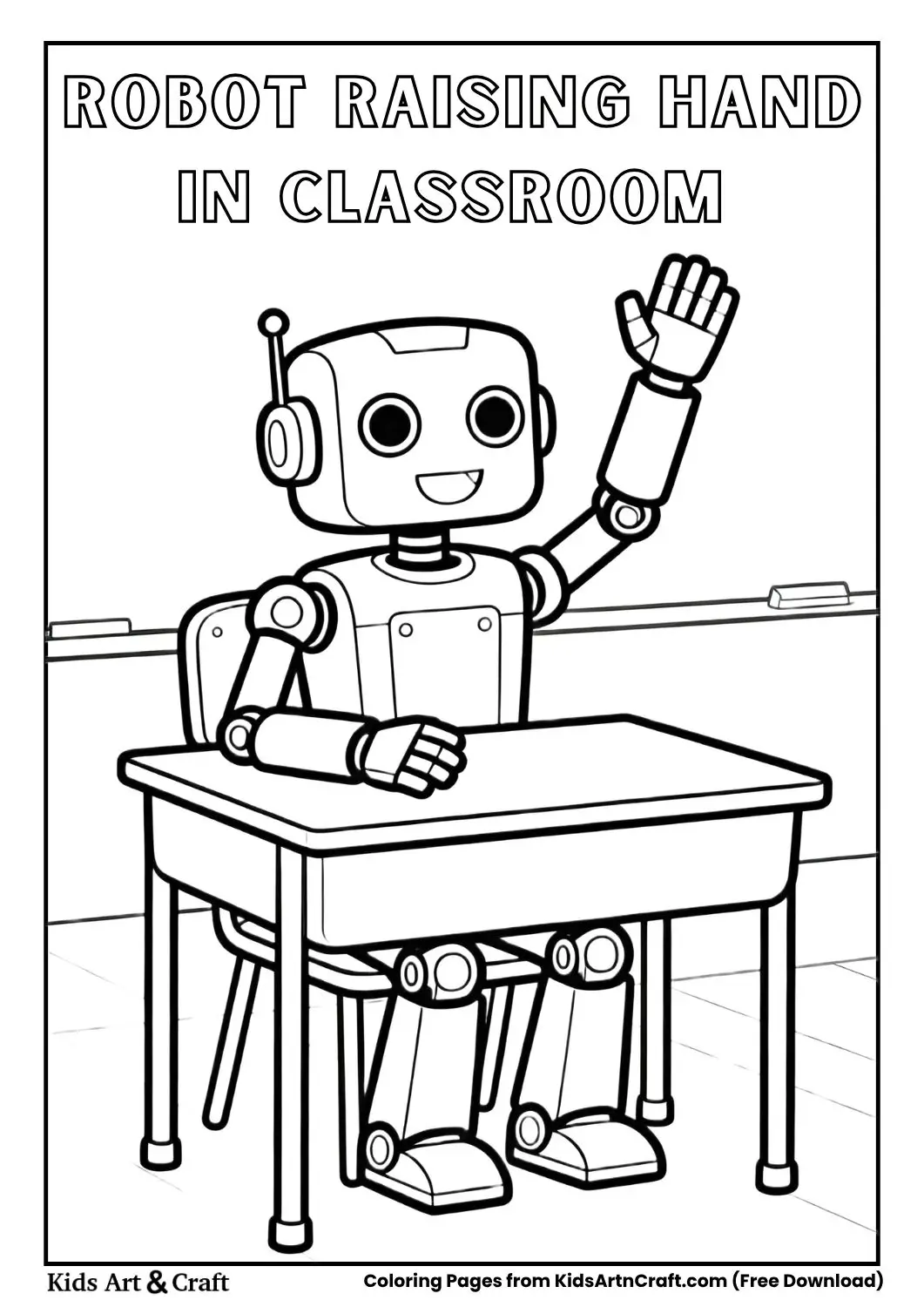 robot student raising hand in classroom simple line art coloring page