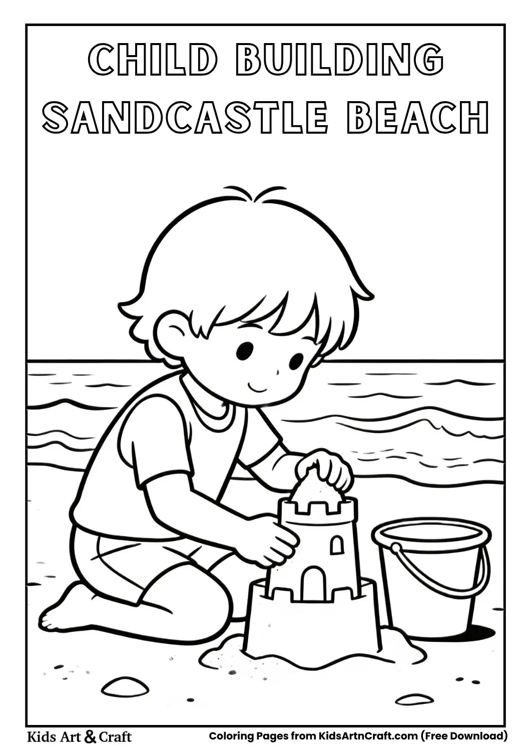 Line art of a child building a sandcastle at the beach